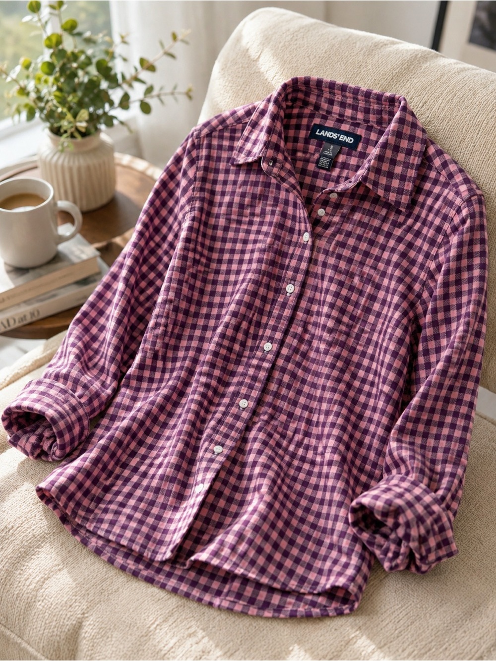 Lands’ End Pink & Purple Gingham Flannel Shirt – Size Small